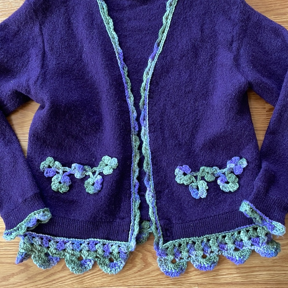 Pendleton Purple Wool Patch Pockets Cardigan w/ Floral Crochet Trim Size Large - Picture 3 of 10